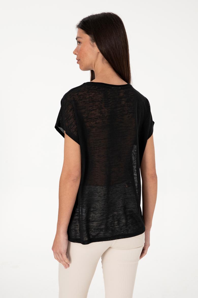 Kadın Siyah Bisiklet Yaka Tişört - 50300777029