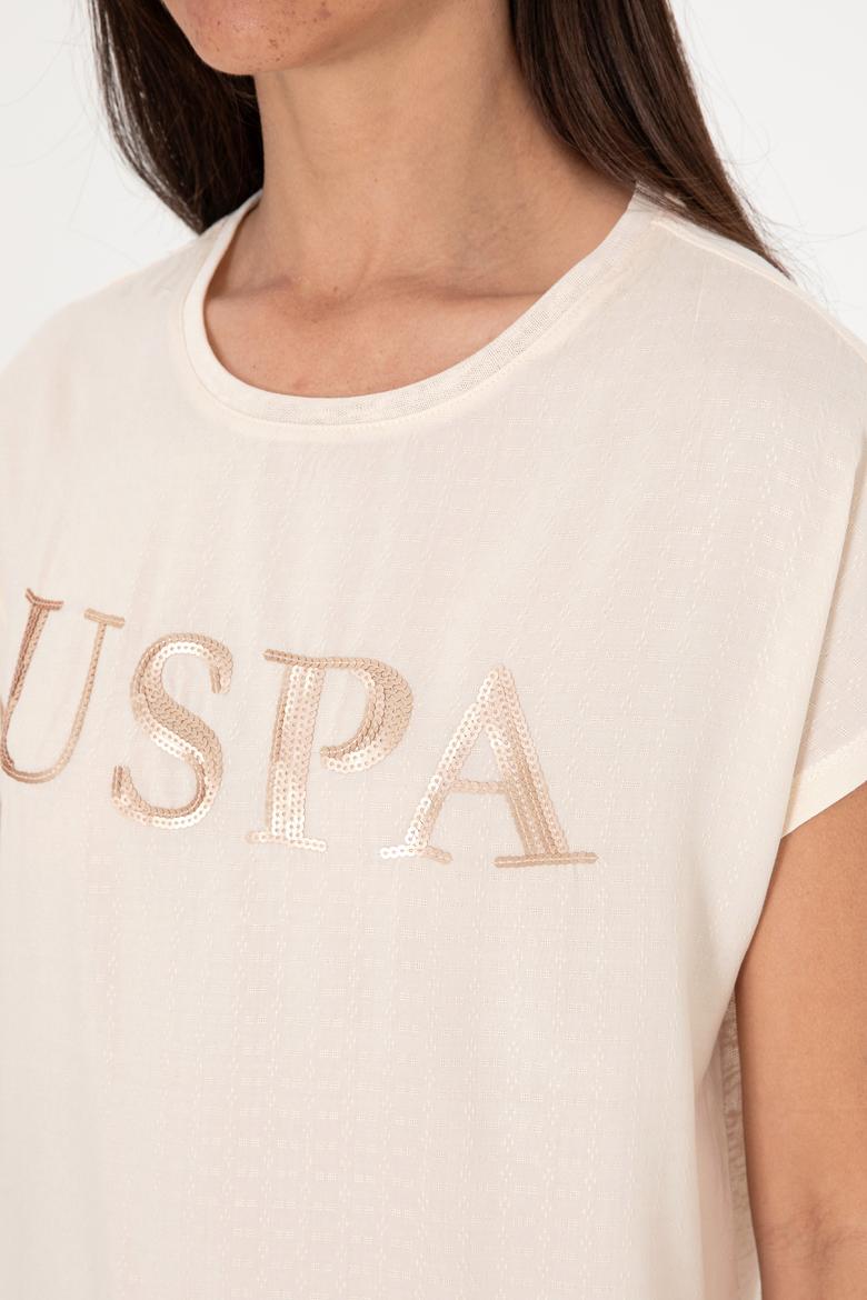 Kadın Krem Bisiklet Yaka Tişört - 50300777046