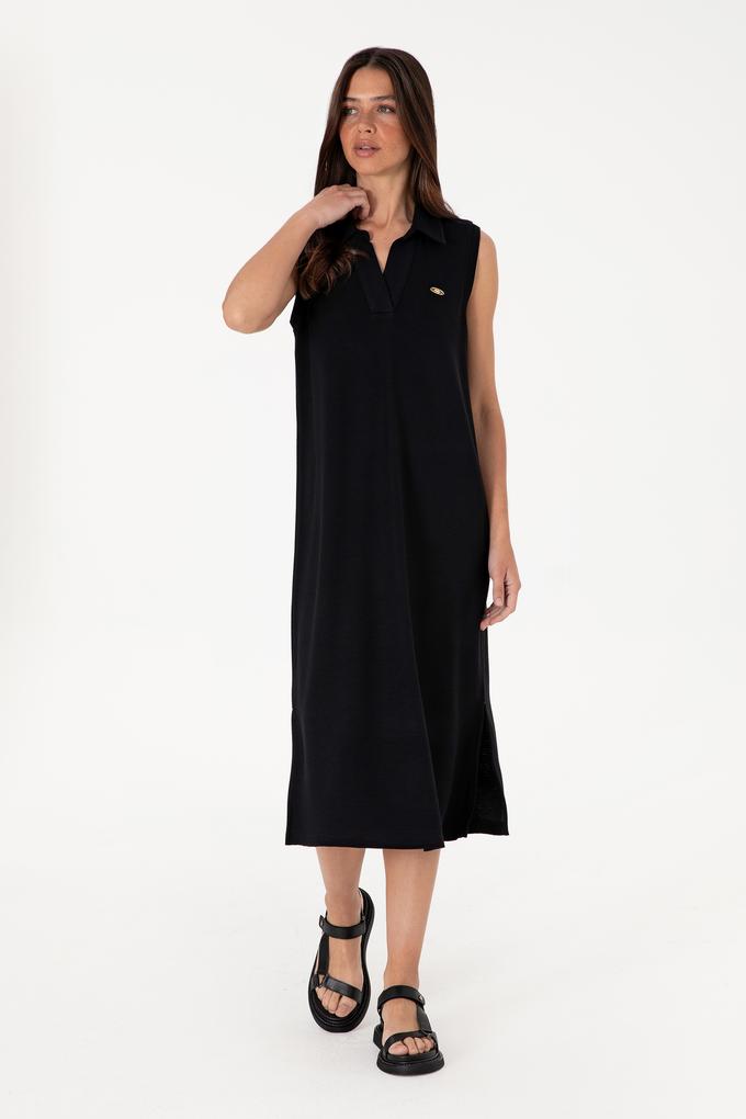 Kadın Siyah Polo Yaka Midi Boy Örme Elbise