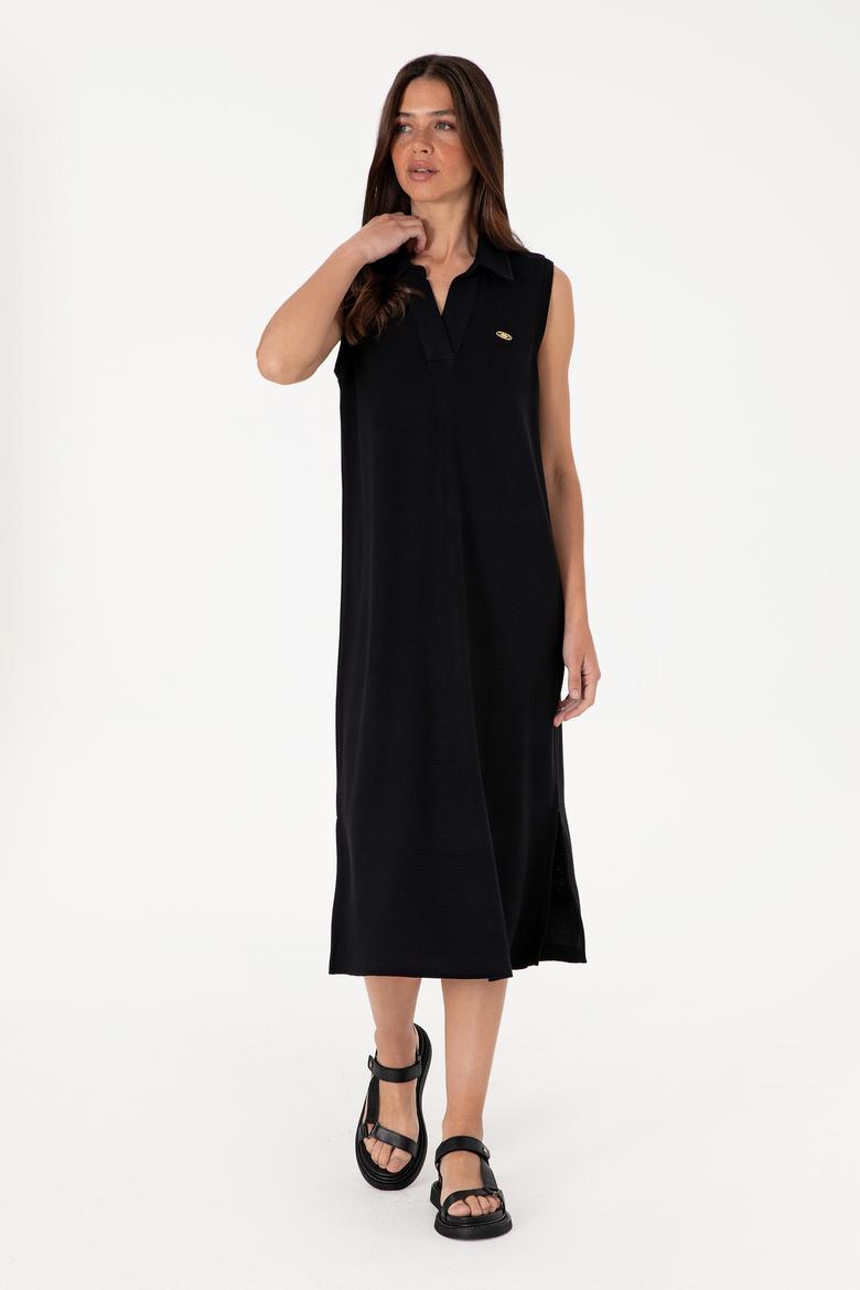 Kadın Siyah Polo Yaka Midi Boy Örme Elbise