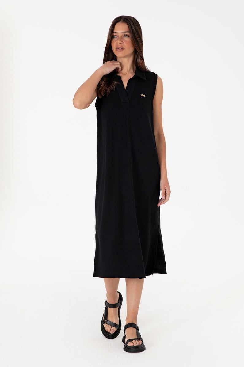 Kadın Siyah Polo Yaka Midi Boy Örme Elbise