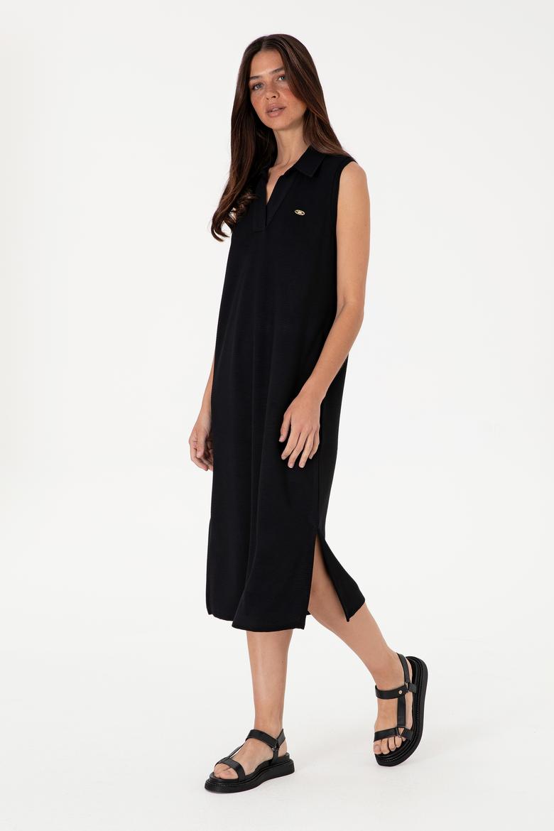 Kadın Siyah Polo Yaka Midi Boy Örme Elbise - 50300674043