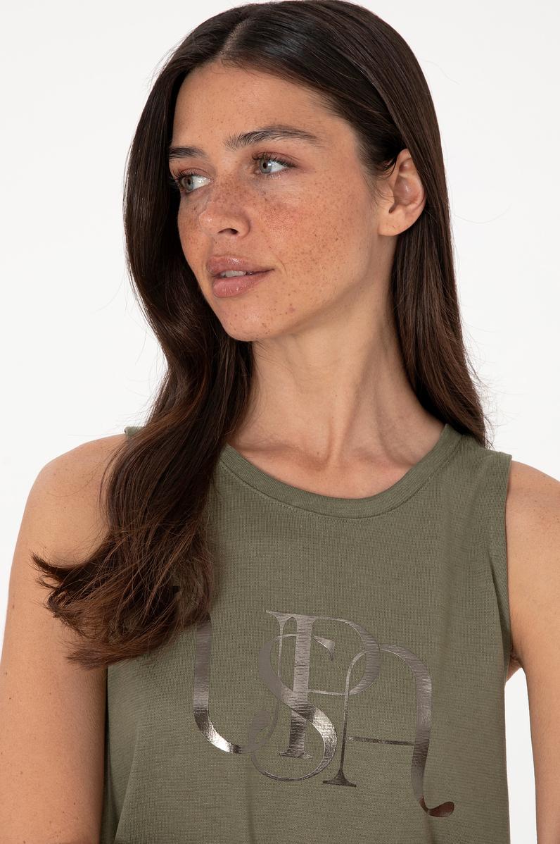 Kadın Koyu Haki Kolsuz Bisiklet Yaka Tişört