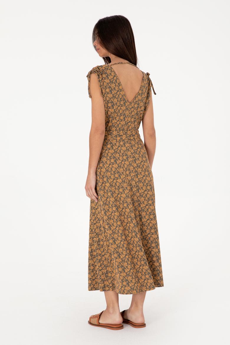 Kadın Vizon Desenli V Yaka Midi Boy Örme Elbise - 50306734061