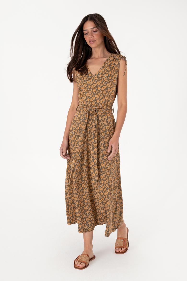 Kadın Vizon Desenli V Yaka Midi Boy Örme Elbise - 50306734061