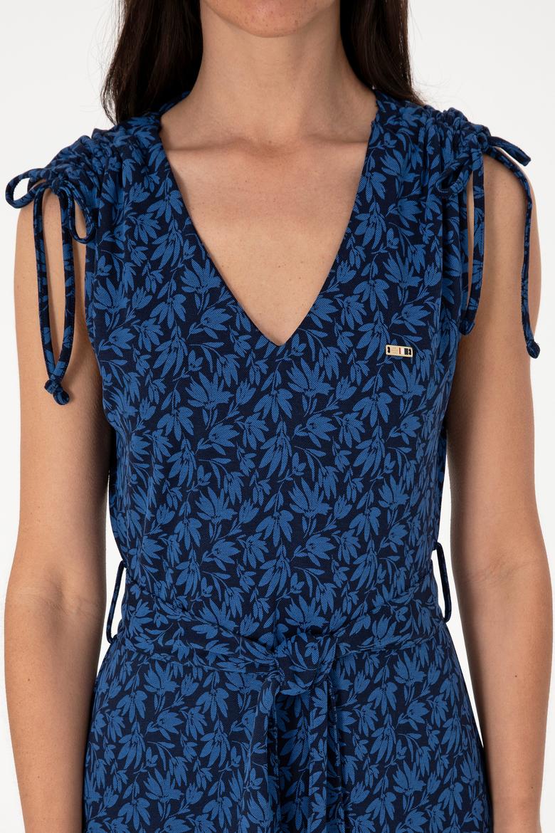 Kadın Lacivert Desenli V Yaka Midi Boy Örme Elbise - 50306734012