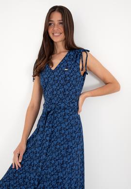 Kadın Lacivert Desenli V Yaka Midi Boy Örme Elbise - 50306734012