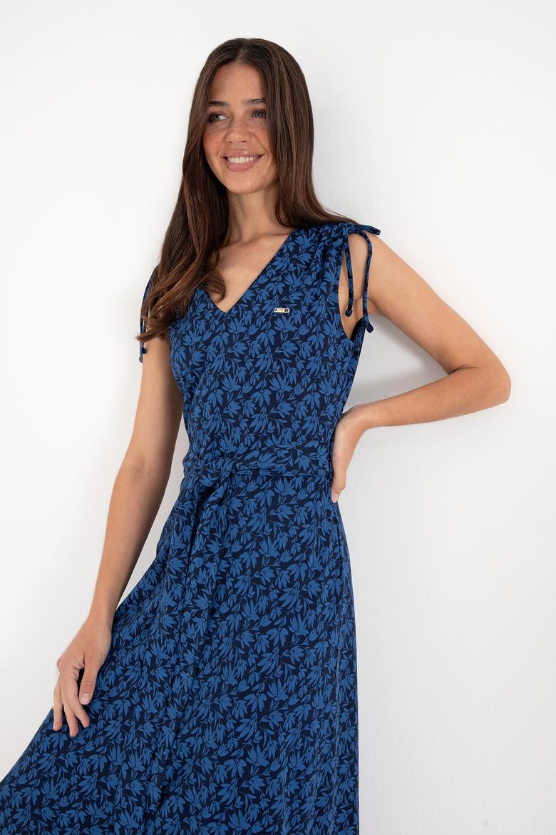 Kadın Lacivert Desenli V Yaka Midi Boy Örme Elbise - 50306734012