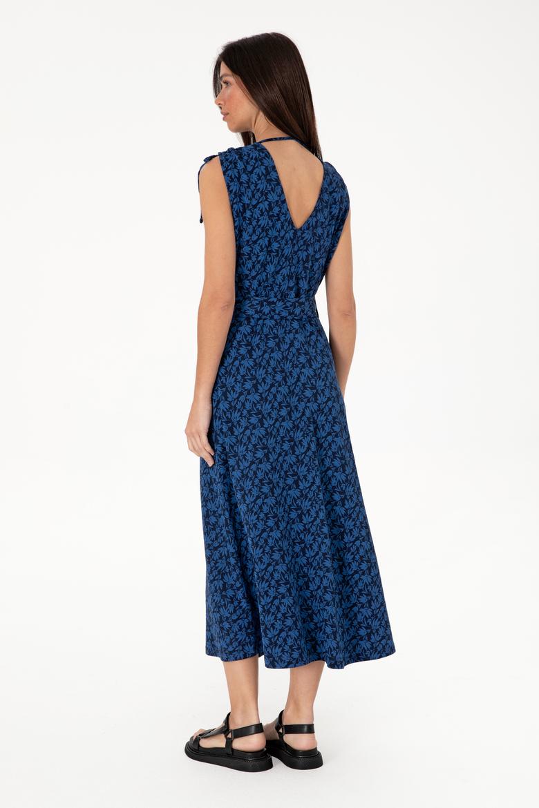 Kadın Lacivert Desenli V Yaka Midi Boy Örme Elbise - 50306734012