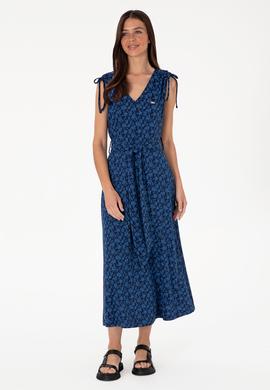 Kadın Lacivert Desenli V Yaka Midi Boy Örme Elbise - 50306734012