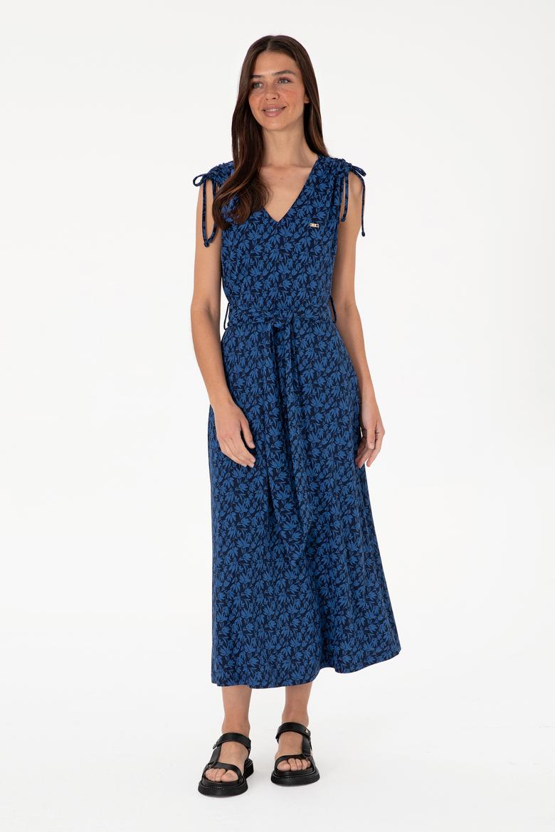 Kadın Lacivert Desenli V Yaka Midi Boy Örme Elbise