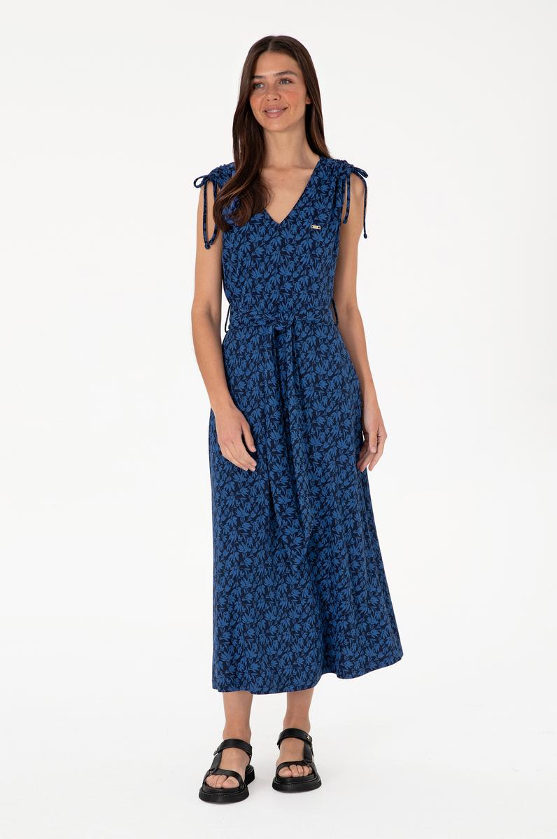 Kadın Lacivert Desenli V Yaka Midi Boy Örme Elbise