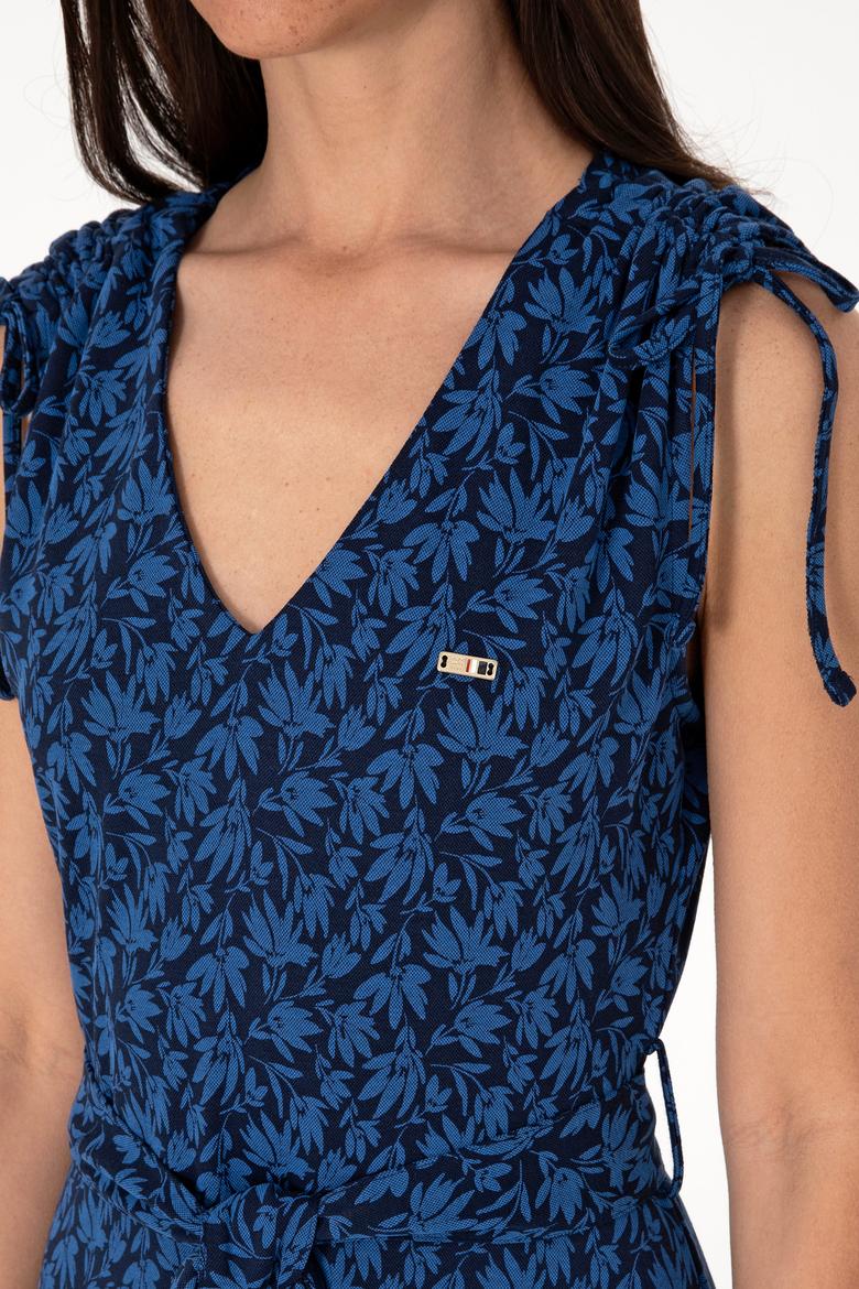 Kadın Lacivert Desenli V Yaka Midi Boy Örme Elbise - 50306734012