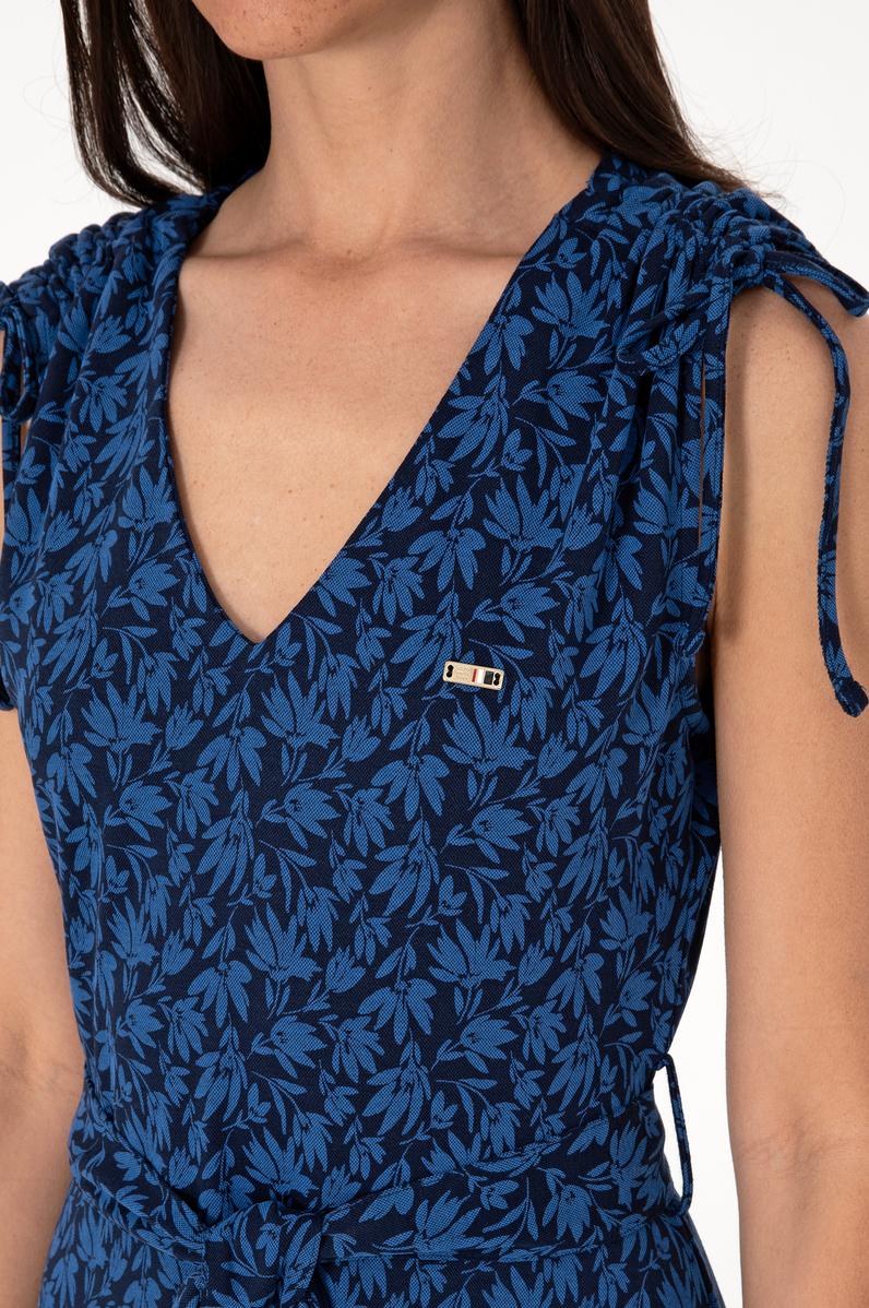 Kadın Lacivert Desenli V Yaka Midi Boy Örme Elbise