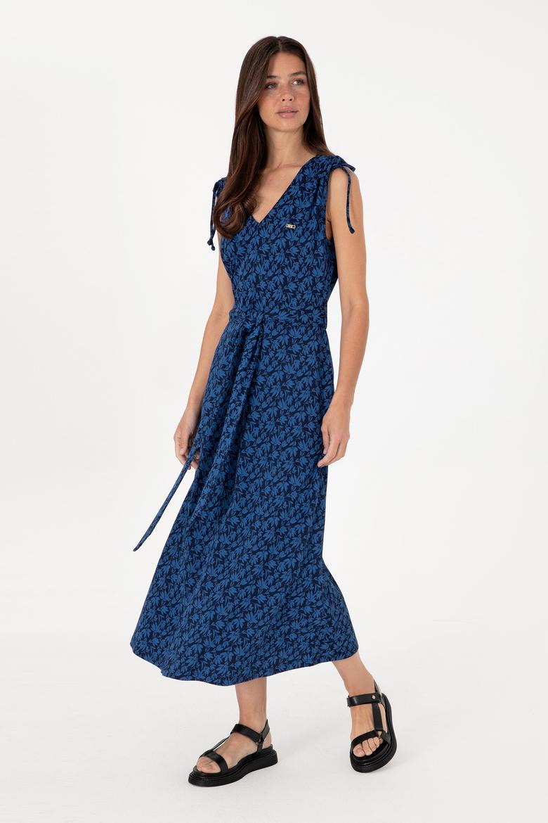 Kadın Lacivert Desenli V Yaka Midi Boy Örme Elbise - 50306734012