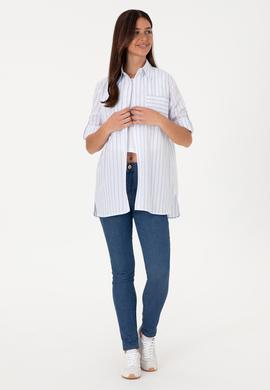 Kadın Mavi Çizgili Uzun Kollu Tunik Gömlek - 50306471010