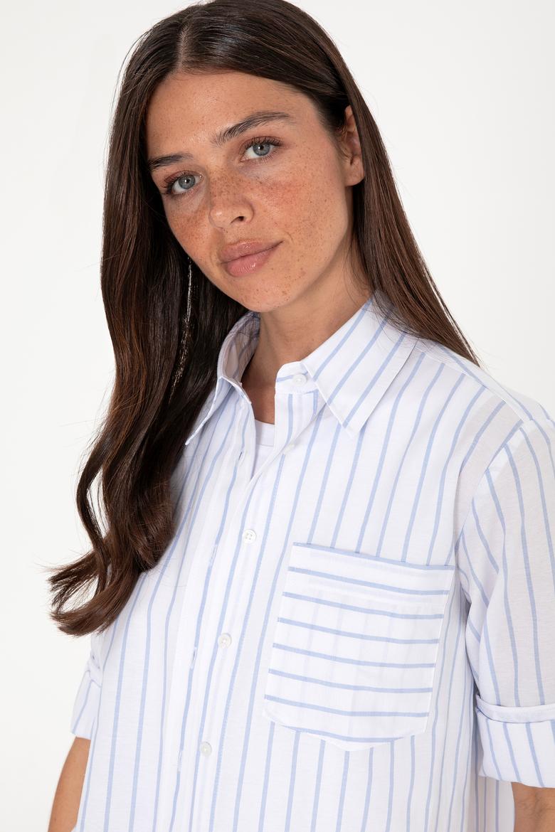 Kadın Mavi Çizgili Uzun Kollu Tunik Gömlek - 50306471010