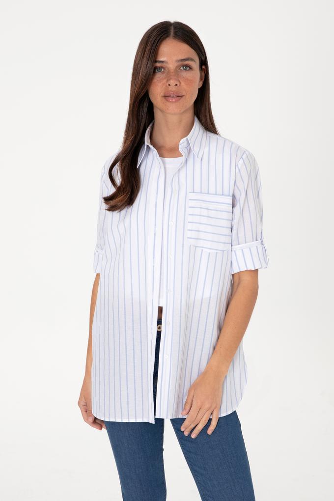 Kadın Mavi Çizgili Uzun Kollu Tunik Gömlek