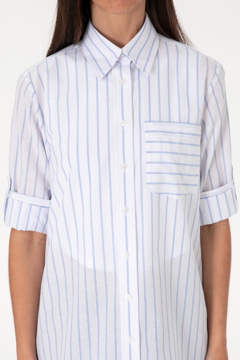 Kadın Mavi Çizgili Uzun Kollu Tunik Gömlek - 50306471010