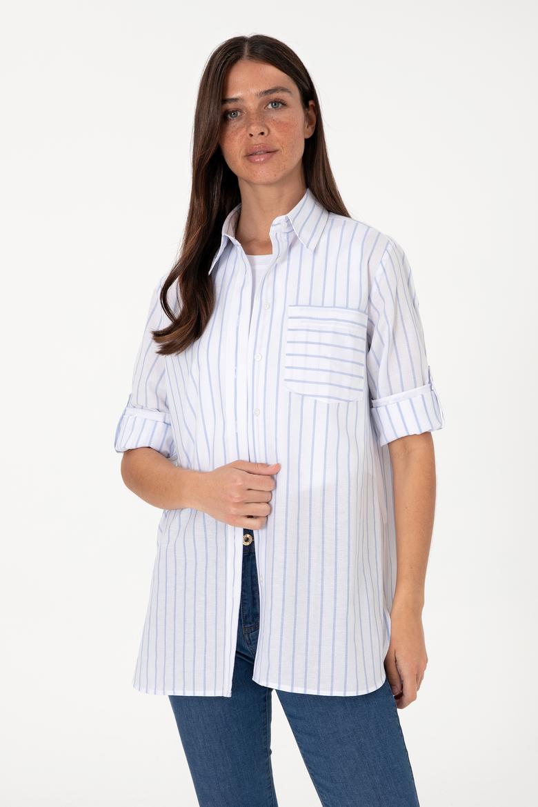 Kadın Mavi Çizgili Uzun Kollu Tunik Gömlek - 50306471010