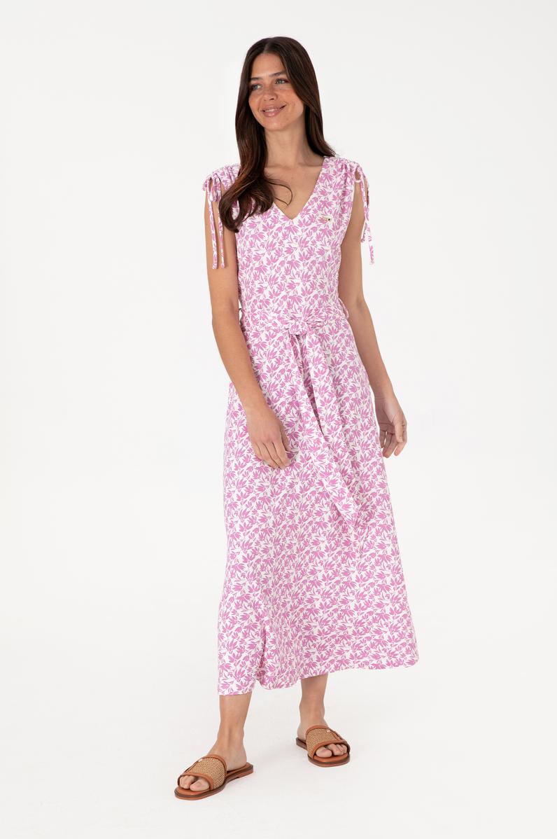 Kadın Beyaz Desenli V Yaka Midi Boy Örme Elbise