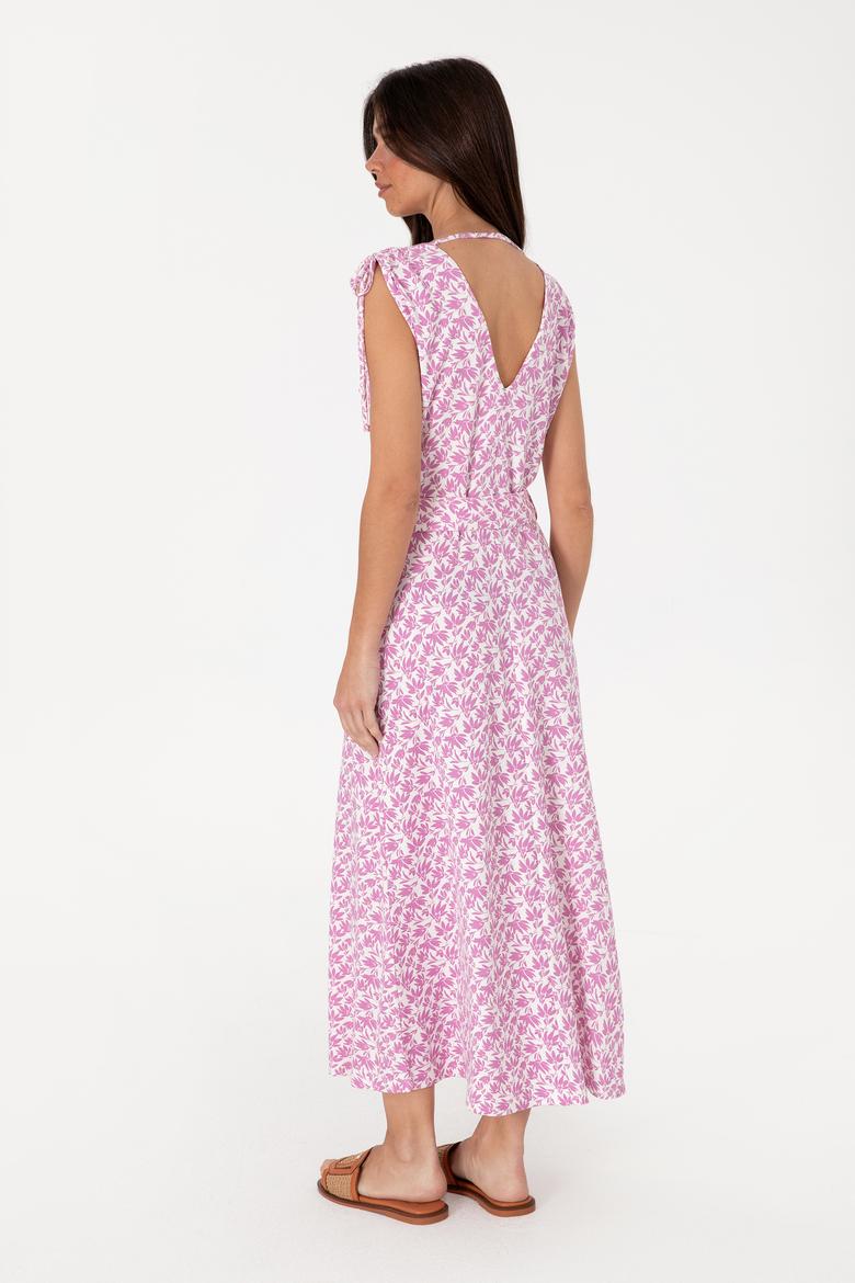 Kadın Beyaz Desenli V Yaka Midi Boy Örme Elbise - 50306734001