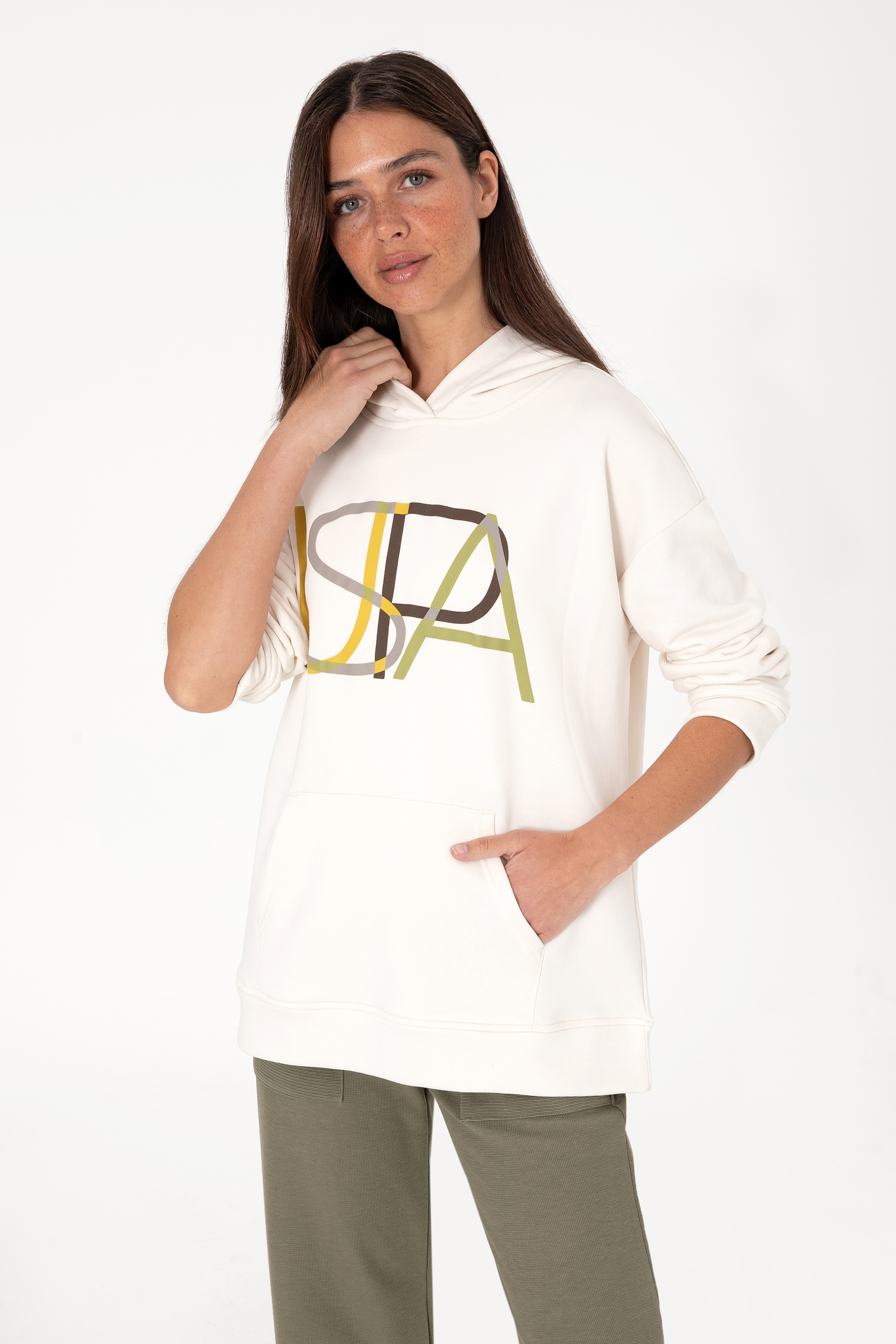 Kadın Krem Kapüşonlu Sweatshırt - Image 3