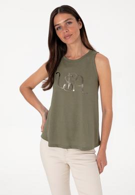 Kadın Koyu Haki Kolsuz Bisiklet Yaka Tişört - 50305609037