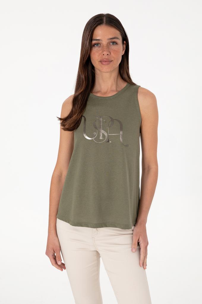 Kadın Koyu Haki Kolsuz Bisiklet Yaka Tişört