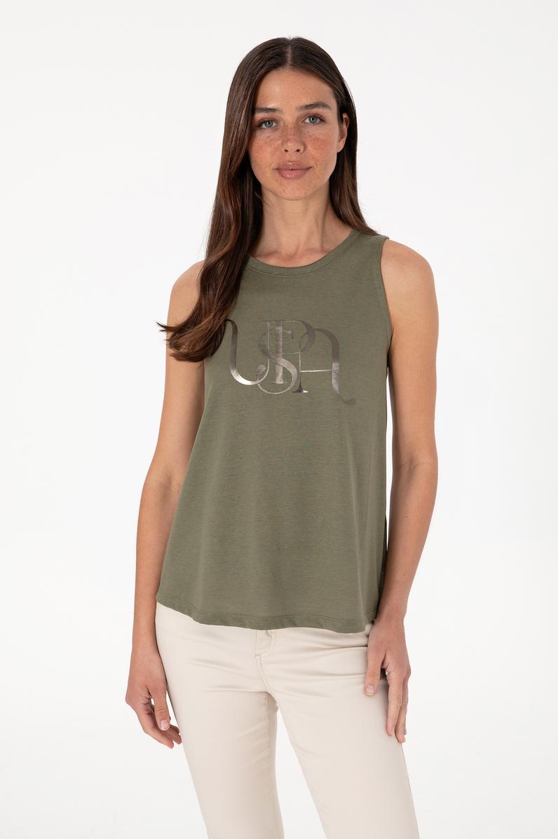 Kadın Koyu Haki Kolsuz Bisiklet Yaka Tişört