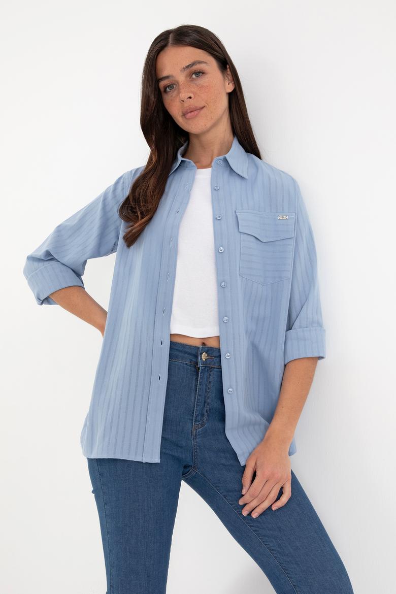 Kadın Mavi Çizgili Uzun Kollu Tunik Gömlek - 50306472005
