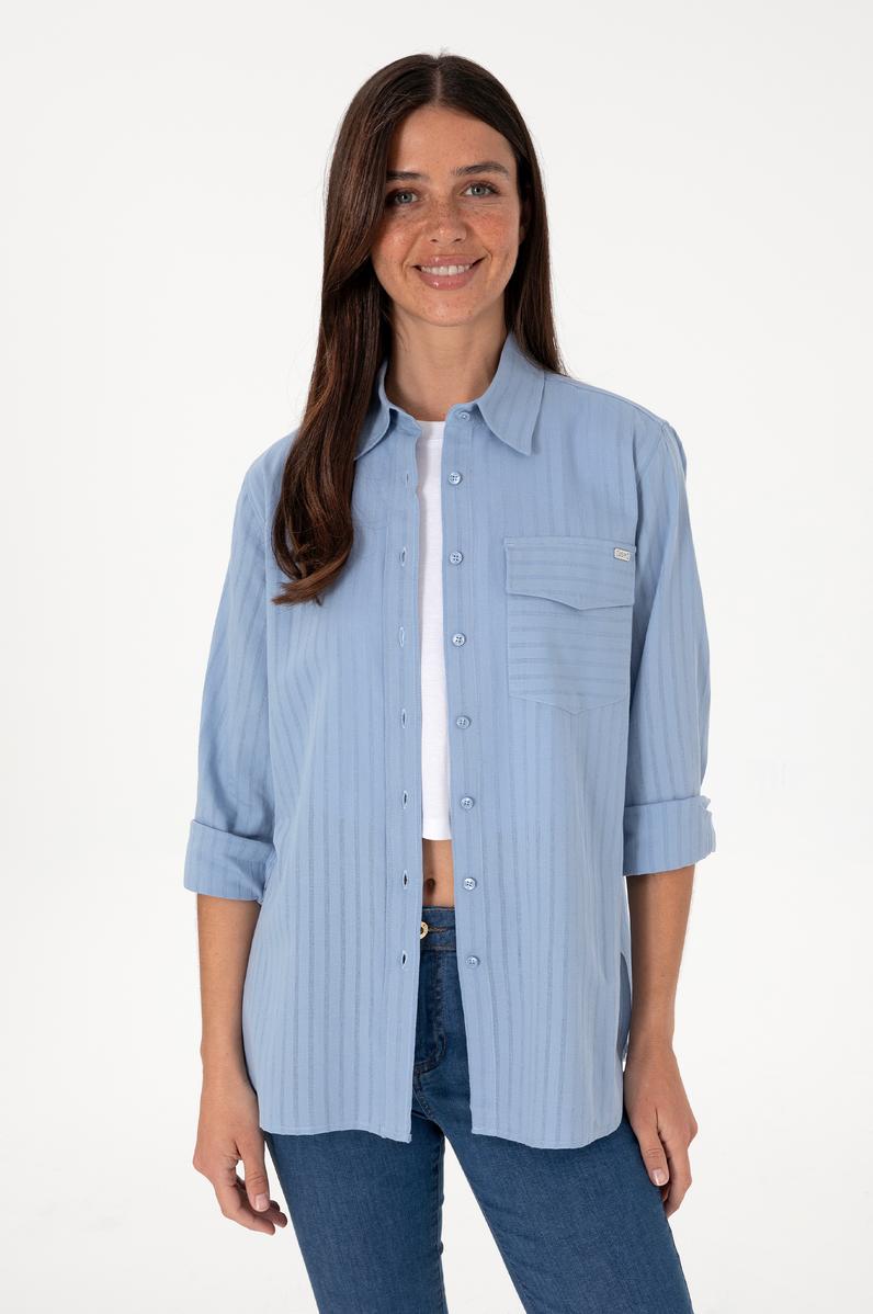 Kadın Mavi Çizgili Uzun Kollu Tunik Gömlek