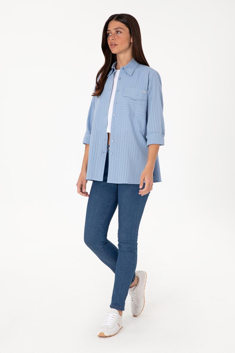 Kadın Mavi Çizgili Uzun Kollu Tunik Gömlek - 50306472005