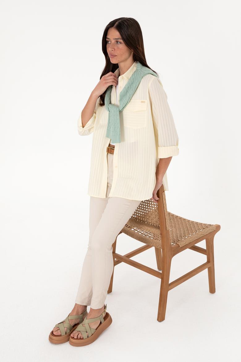 Kadın Krem Çizgili Uzun Kollu Tunik Gömlek - 50306472010