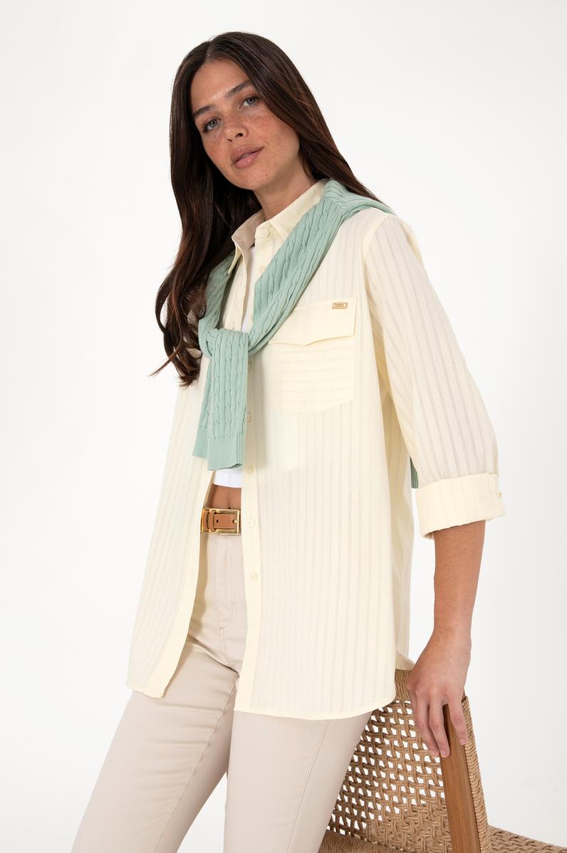 Kadın Krem Çizgili Uzun Kollu Tunik Gömlek