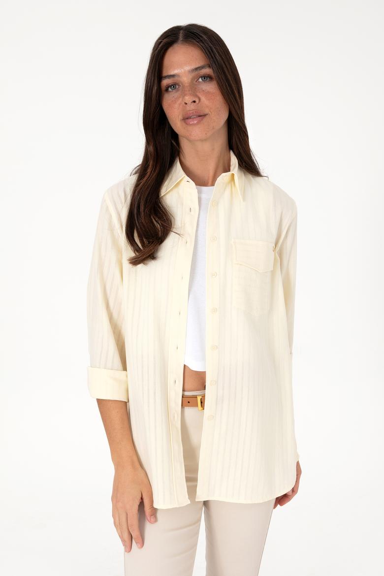Kadın Krem Çizgili Uzun Kollu Tunik Gömlek - 50306472010