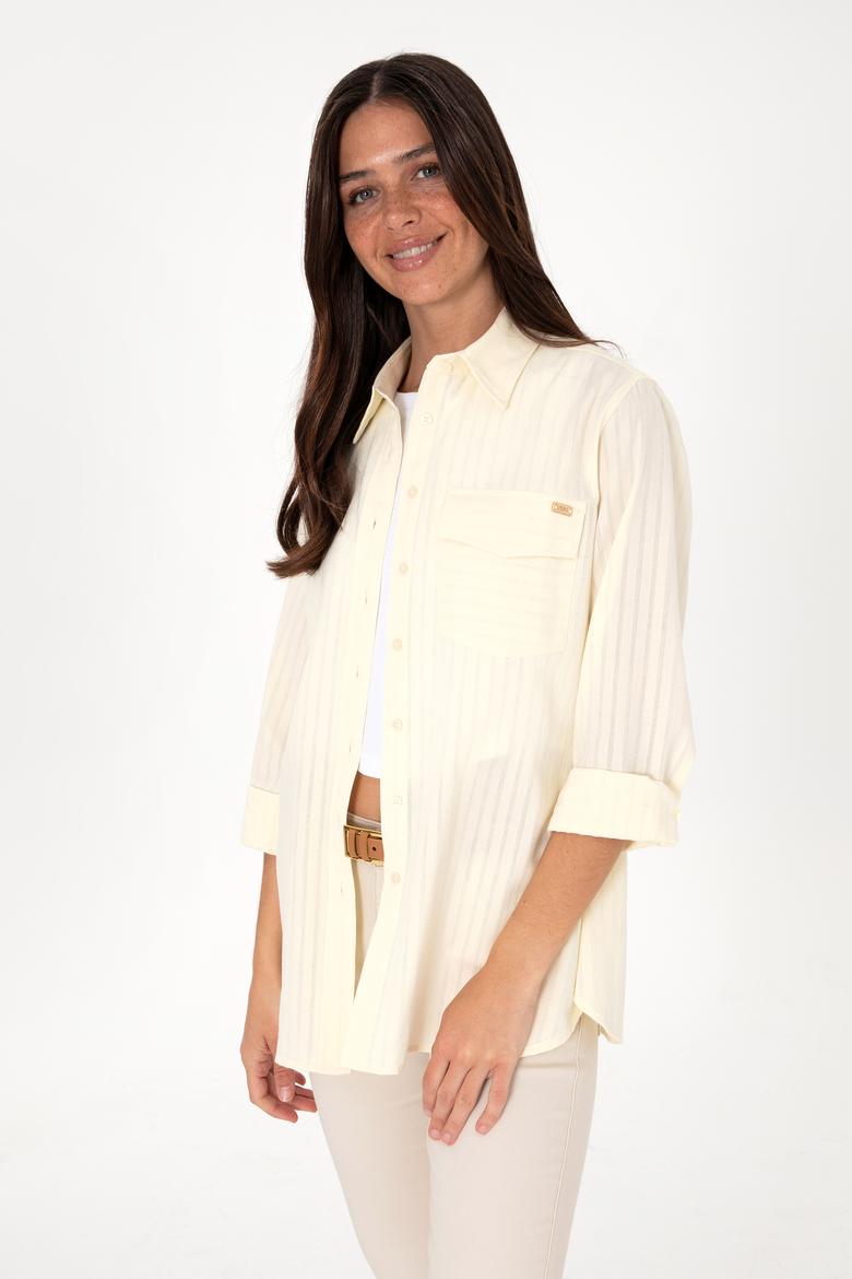 Kadın Krem Çizgili Uzun Kollu Tunik Gömlek