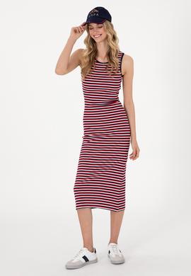 Kadın Lacivert Çizgili Kolsuz Bisiklet Yaka Midi Boy Örme Elbise - 50305871005