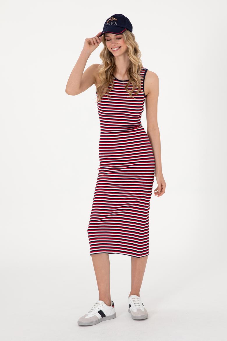 Kadın Lacivert Çizgili Kolsuz Bisiklet Yaka Midi Boy Örme Elbise - 50305871005