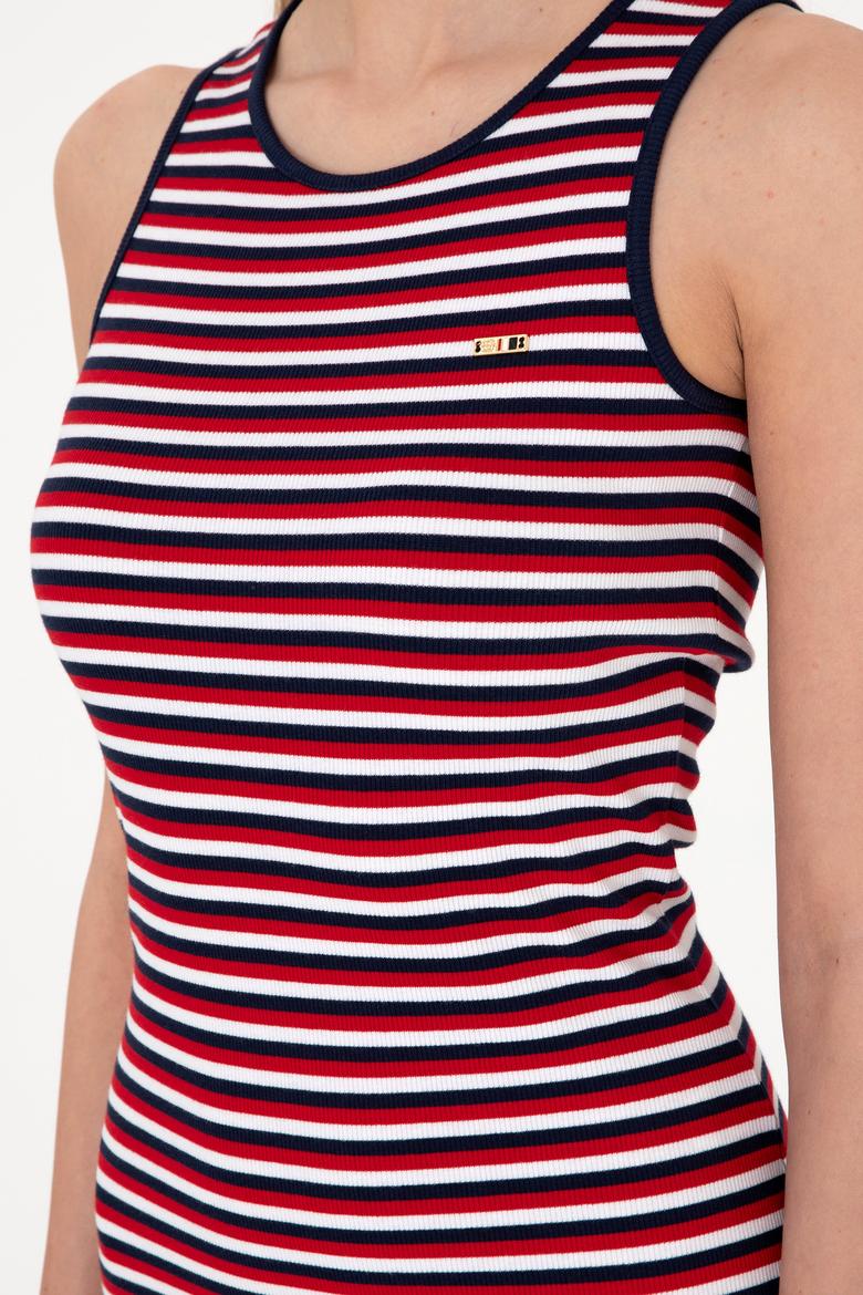 Kadın Lacivert Çizgili Kolsuz Bisiklet Yaka Midi Boy Örme Elbise - 50305871005