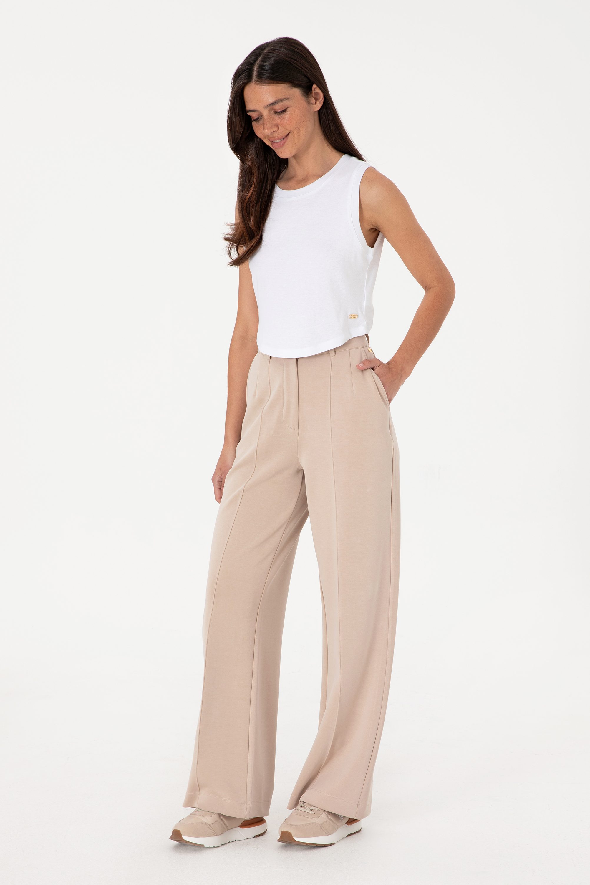 Kadın Camel Modal Karışımlı Loose Fit Örme Pantolon - Image 3