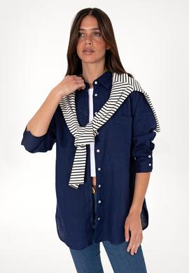Kadın Lacivert Uzun Kollu Keten Tunik Gömlek - 50299794016