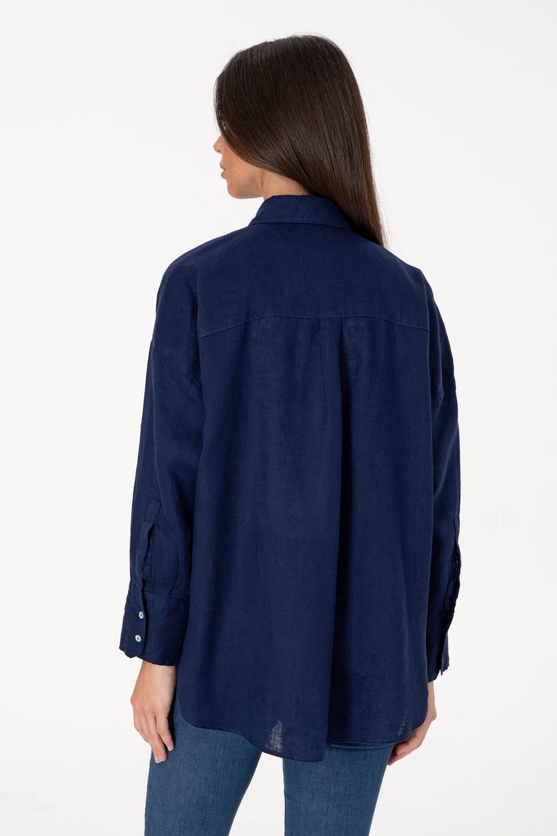 Kadın Lacivert Uzun Kollu Keten Tunik Gömlek - 50299794016