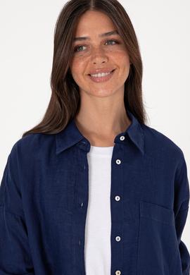 Kadın Lacivert Uzun Kollu Keten Tunik Gömlek - 50299794016