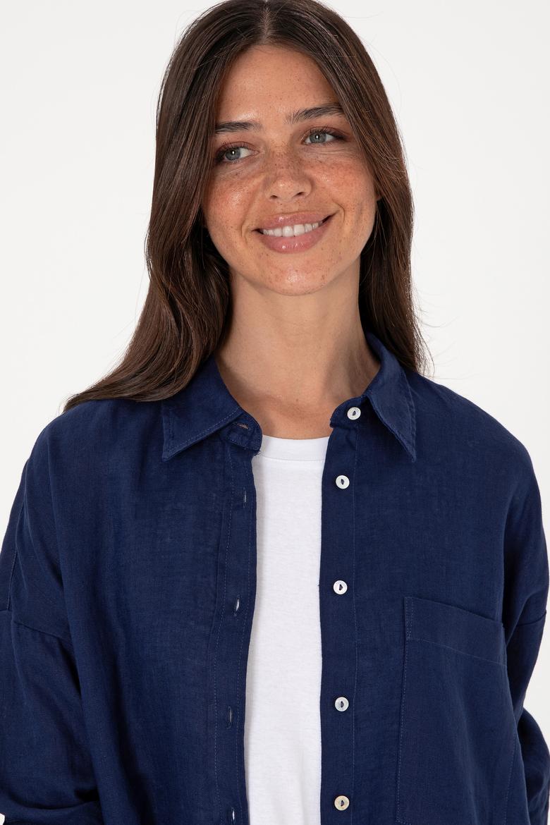 Kadın Lacivert Uzun Kollu Keten Tunik Gömlek - 50299794016