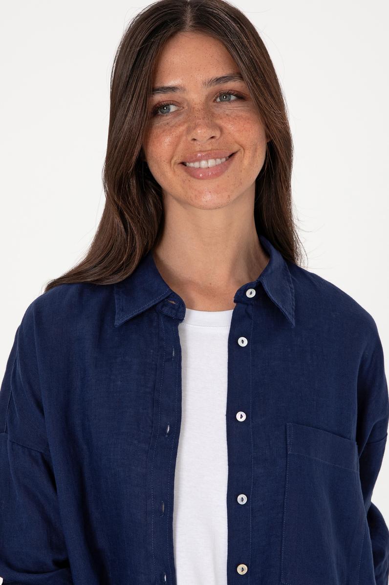 Kadın Lacivert Uzun Kollu Keten Tunik Gömlek