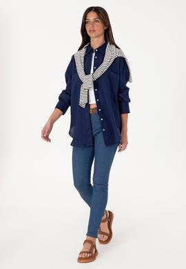 Kadın Lacivert Uzun Kollu Keten Tunik Gömlek - 50299794016