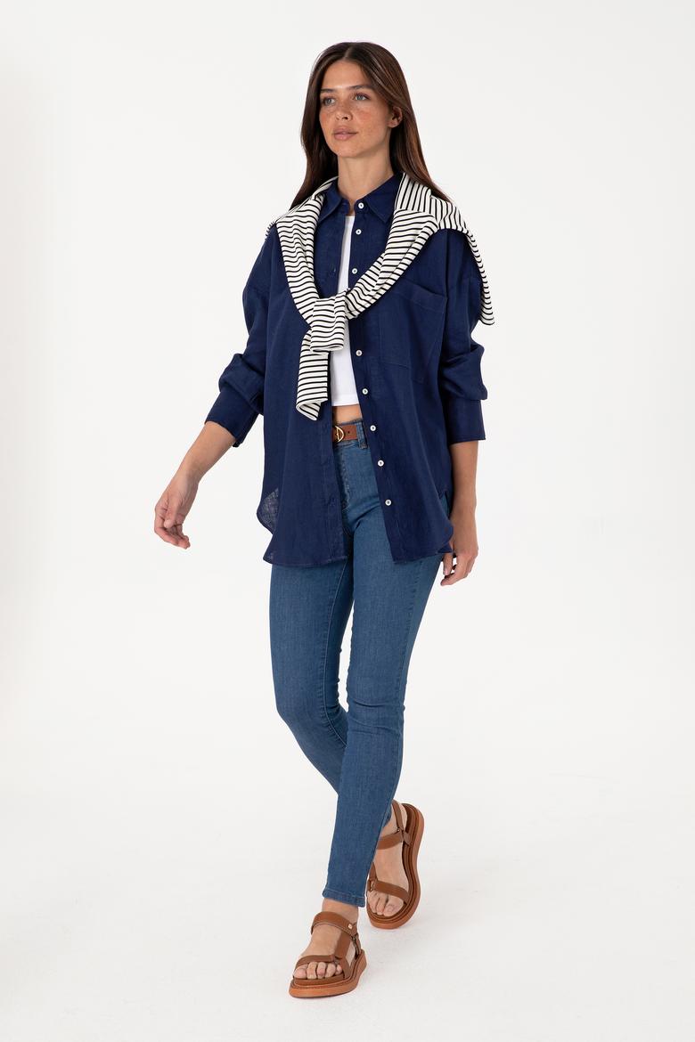 Kadın Lacivert Uzun Kollu Keten Tunik Gömlek - 50299794016