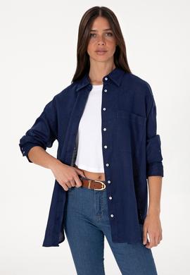 Kadın Lacivert Uzun Kollu Keten Tunik Gömlek - 50299794016
