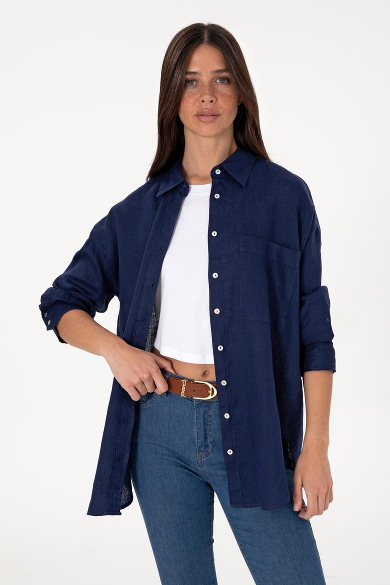 Kadın Lacivert Uzun Kollu Keten Tunik Gömlek - 50299794016